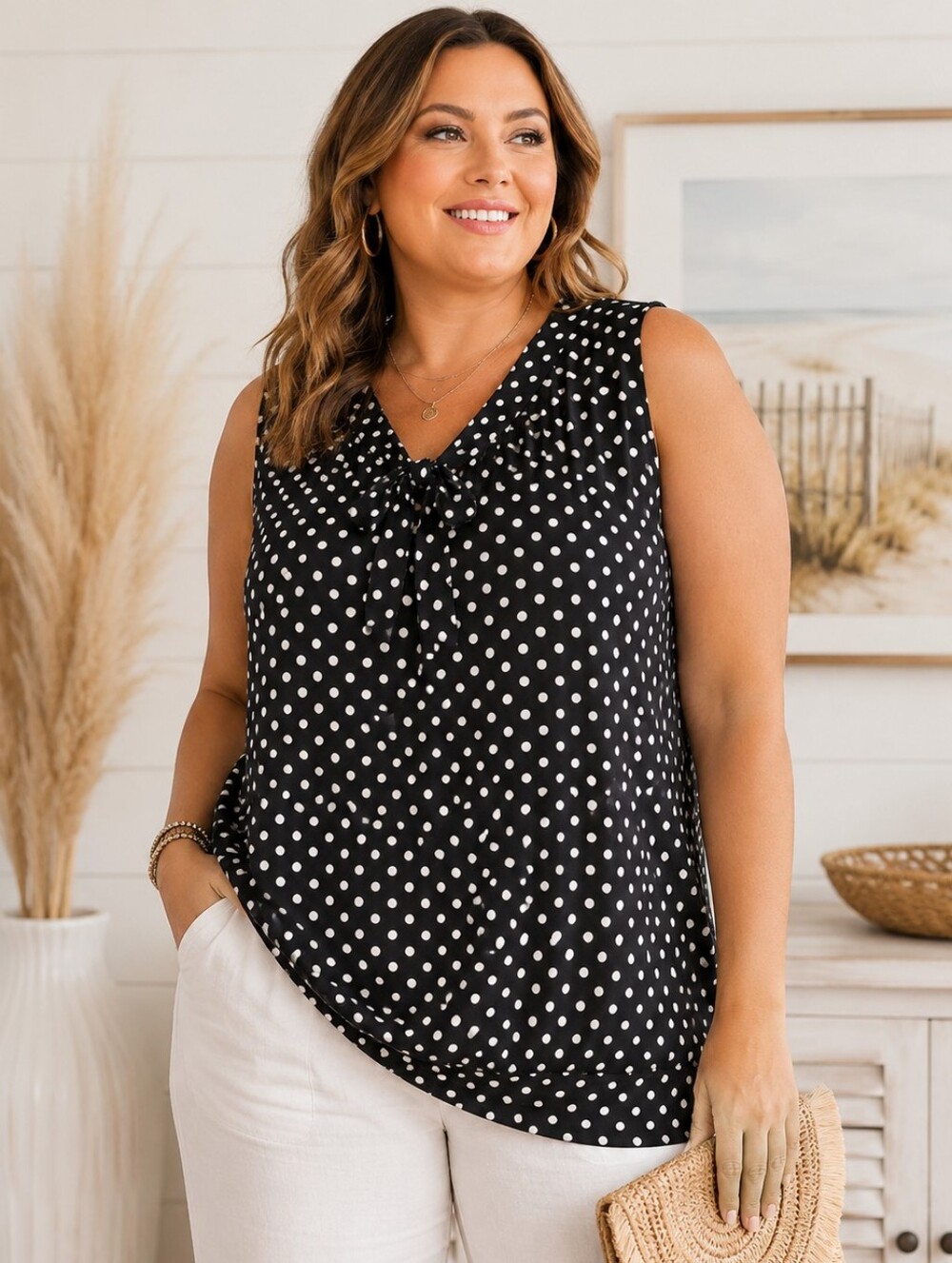 Talbots Black White Polka Dot Tie Neck Sleeveless Top XL
